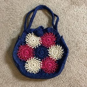 Vintage Handmade Blue White Red Crochet Bag